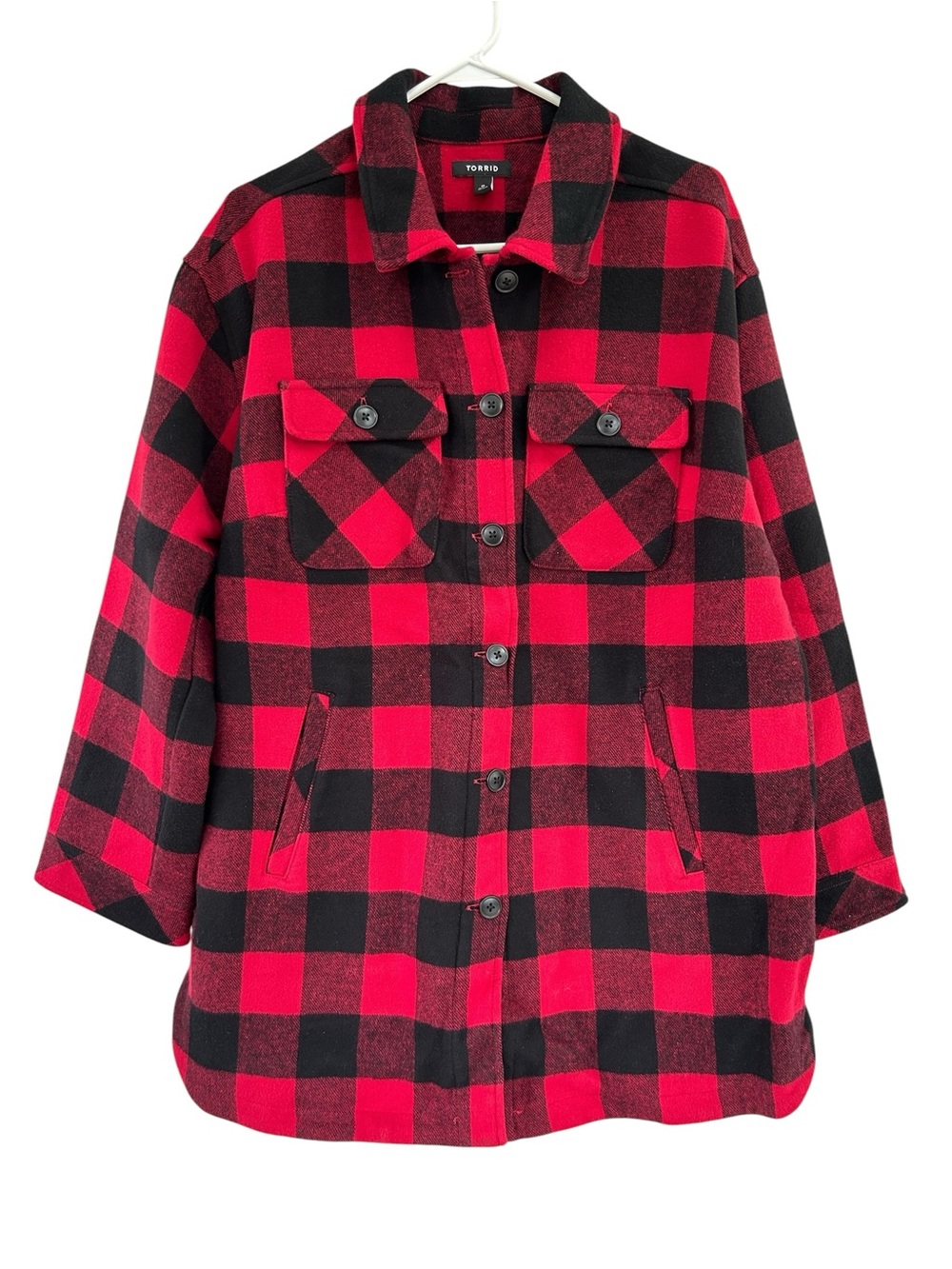 TORRID Red Black Buffalo Plaid Cotton Button Up Collared Shacket Size 0